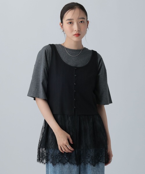 LEPSIM(レプシィム)の「変形テレコレースドッキングノースリーブ 1057217(Tシャツ/カットソー・レディース・グレー/ブラック/チャコールグレー・FREE)」の4枚目の写真