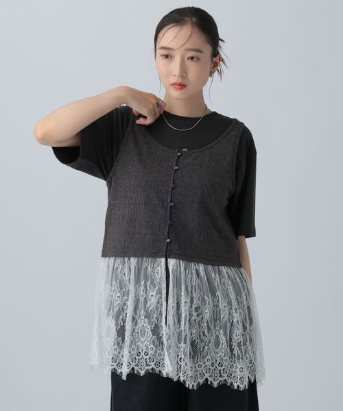 LEPSIM(レプシィム)の「変形テレコレースドッキングノースリーブ 1057217(Tシャツ/カットソー・レディース・グレー/ブラック/チャコールグレー・FREE)」の16枚目の写真