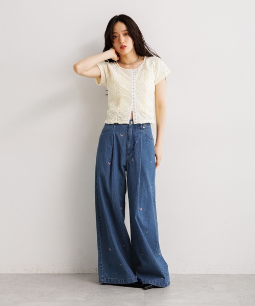 RAGEBLUE(レイジブルー)の「フラワー刺繍ワイドデニム/セットアップ対応(デニムパンツ・レディース・グレー/ブルー・FREE)」の8枚目の写真