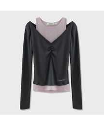 ポエル Vネック シャーリング フェイクレイヤードTシャツ_5COL