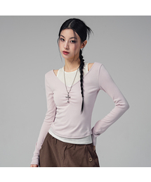 ポエル Vネック シャーリング フェイクレイヤードTシャツ_5COL