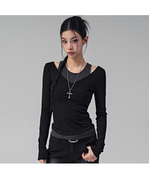 ポエル Vネック シャーリング フェイクレイヤードTシャツ_5COL