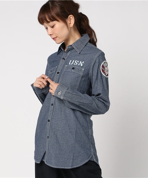AVIREX(アヴィレックス)の「avirex/ アヴィレックス/ T/B L/S NAVAL STENCIL SHIRT/ タイプブルー ネイヴァル ステンシル シャツ(シャツ/ブラウス・レディース・ホワイト/インディゴブルー・MEDIUM/SMALL)」の1枚目の写真
