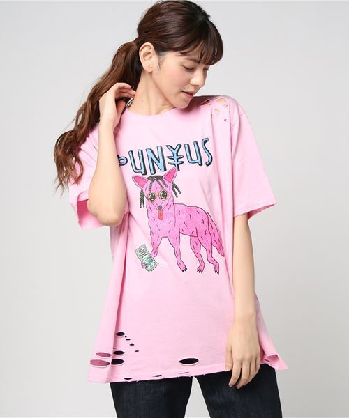 PUNYUS(プニュズ)の「ジャッカルクラッシュT(Tシャツ/カットソー・レディース・ホワイト/レッド/ライトピンク/スミクロ・3/4)」の4枚目の写真