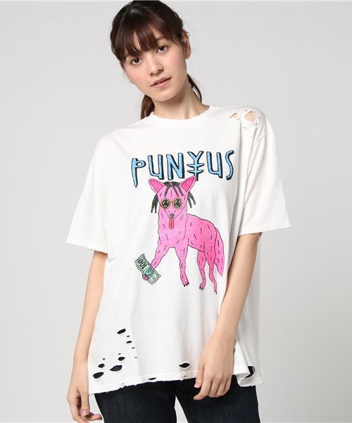 PUNYUS(プニュズ)の「ジャッカルクラッシュT(Tシャツ/カットソー・レディース・ホワイト/レッド/ライトピンク/スミクロ・3/4)」の2枚目の写真