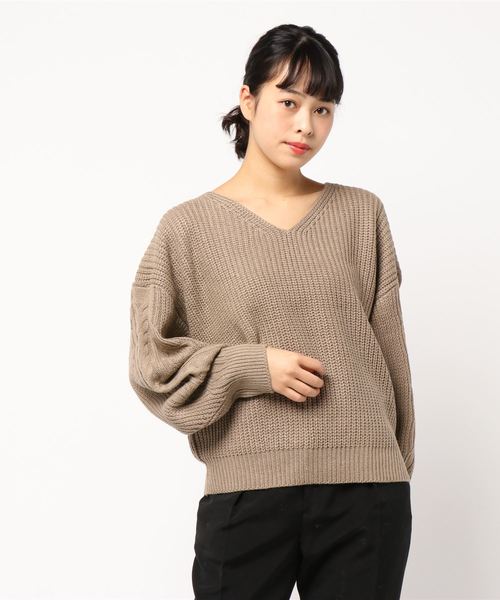 AMERICAN HOLIC（アメリカンホリック）の「・Wool混袖ケーブルVネックニットプルオーバー（ニット/セーター・レディース・杢グレー/アイボリー/ブラック/モカ・FREE）」の15枚目の写真