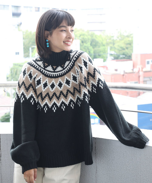 classicalelf（クラシカルエルフ）の「ノルディック柄ビッグシルエット ローゲージパフスリーブニット(長袖)（ニット/セーター・レディース・ブラック/ベージュ・X-LARGE/MEDIUM）」の8枚目の写真