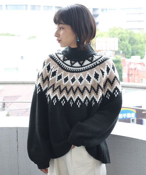 classicalelf（クラシカルエルフ）の「ノルディック柄ビッグシルエット ローゲージパフスリーブニット(長袖)（ニット/セーター・レディース・ブラック/ベージュ・X-LARGE/MEDIUM）」の9枚目の写真