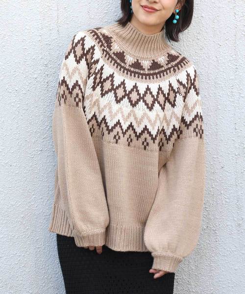 classicalelf（クラシカルエルフ）の「ノルディック柄ビッグシルエット ローゲージパフスリーブニット(長袖)（ニット/セーター・レディース・ブラック/ベージュ・X-LARGE/MEDIUM）」の15枚目の写真