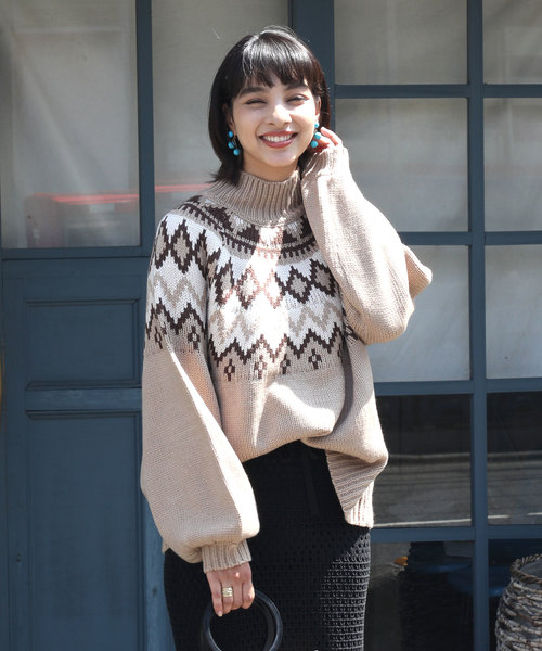 classicalelf（クラシカルエルフ）の「ノルディック柄ビッグシルエット ローゲージパフスリーブニット(長袖)（ニット/セーター・レディース・ブラック/ベージュ・X-LARGE/MEDIUM）」の17枚目の写真