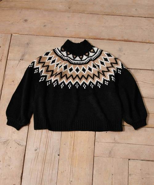 classicalelf（クラシカルエルフ）の「ノルディック柄ビッグシルエット ローゲージパフスリーブニット(長袖)（ニット/セーター・レディース・ブラック/ベージュ・X-LARGE/MEDIUM）」の7枚目の写真