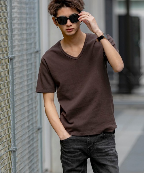 Bling Leads（ブリングリーズ）の「ストレッチ スパンフライス Vネック Tシャツ 半袖（Tシャツ/カットソー・メンズ・ワインレッド/ホワイト/カーキ/チャコールグレー/ダークブラウン/杢グレー/ブラック/ホワイト系その他/ネイビー・L/XL/M）」の7枚目の写真