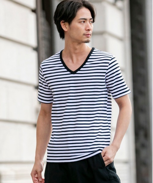 Bling Leads（ブリングリーズ）の「ストレッチ スパンフライス Vネック Tシャツ 半袖（Tシャツ/カットソー・メンズ・ワインレッド/ホワイト/カーキ/チャコールグレー/ダークブラウン/杢グレー/ブラック/ホワイト系その他/ネイビー・L/XL/M）」の3枚目の写真