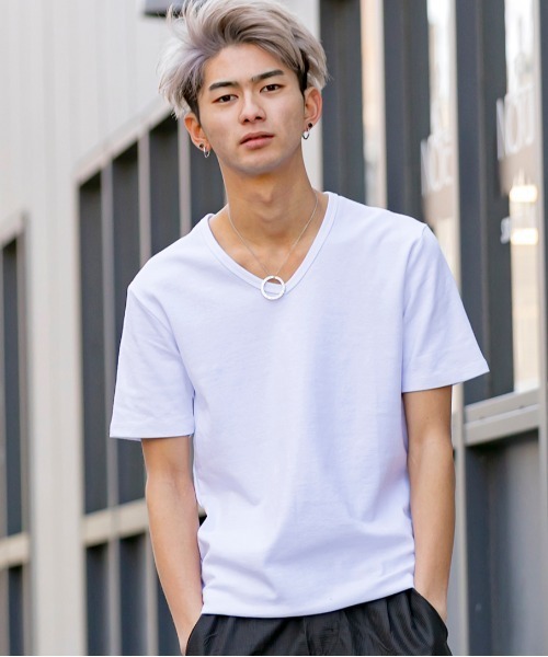 Bling Leads（ブリングリーズ）の「ストレッチ スパンフライス Vネック Tシャツ 半袖（Tシャツ/カットソー・メンズ・ワインレッド/ホワイト/カーキ/チャコールグレー/ダークブラウン/杢グレー/ブラック/ホワイト系その他/ネイビー・L/XL/M）」の2枚目の写真