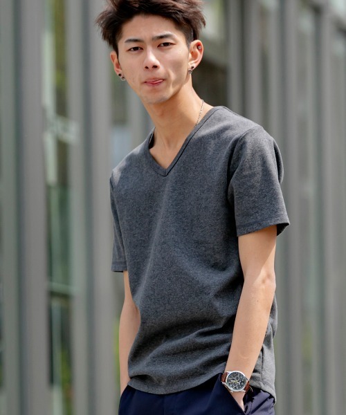 Bling Leads（ブリングリーズ）の「ストレッチ スパンフライス Vネック Tシャツ 半袖（Tシャツ/カットソー・メンズ・ワインレッド/ホワイト/カーキ/チャコールグレー/ダークブラウン/杢グレー/ブラック/ホワイト系その他/ネイビー・L/XL/M）」の5枚目の写真