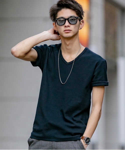 Bling Leads（ブリングリーズ）の「ストレッチ スパンフライス Vネック Tシャツ 半袖（Tシャツ/カットソー・メンズ・ワインレッド/ホワイト/カーキ/チャコールグレー/ダークブラウン/杢グレー/ブラック/ホワイト系その他/ネイビー・L/XL/M）」の4枚目の写真