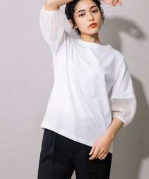 ジャージー×オーガンジーパフスリーブプルオーバー