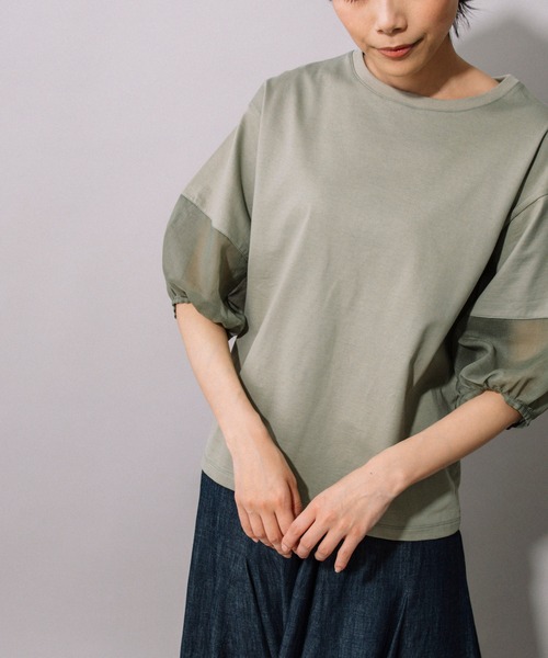 Munich（ミューニック）の「ジャージー×オーガンジーパフスリーブプルオーバー（Tシャツ/カットソー・レディース・グレイッシュベージュ/グリーン/ホワイト/ブラック・FREE）」の4枚目の写真