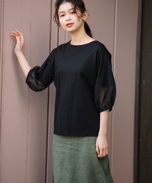 Munich（ミューニック）の「ジャージー×オーガンジーパフスリーブプルオーバー（Tシャツ/カットソー・レディース・グレイッシュベージュ/グリーン/ホワイト/ブラック・FREE）」の3枚目の写真