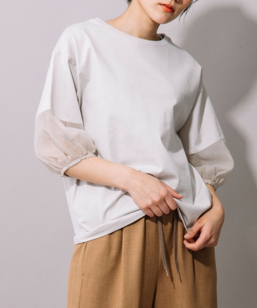 Munich（ミューニック）の「ジャージー×オーガンジーパフスリーブプルオーバー（Tシャツ/カットソー・レディース・グレイッシュベージュ/グリーン/ホワイト/ブラック・FREE）」の19枚目の写真