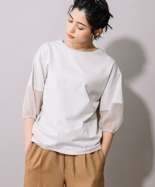 Munich（ミューニック）の「ジャージー×オーガンジーパフスリーブプルオーバー（Tシャツ/カットソー・レディース・グレイッシュベージュ/グリーン/ホワイト/ブラック・FREE）」の18枚目の写真