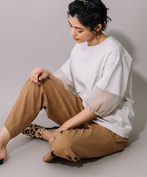 Munich（ミューニック）の「ジャージー×オーガンジーパフスリーブプルオーバー（Tシャツ/カットソー・レディース・グレイッシュベージュ/グリーン/ホワイト/ブラック・FREE）」の20枚目の写真