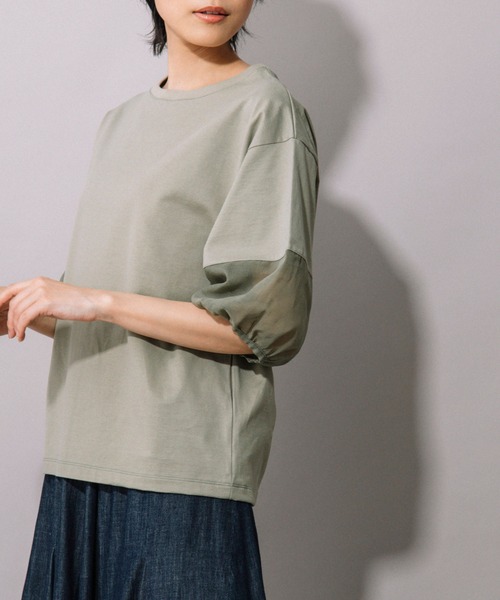 Munich（ミューニック）の「ジャージー×オーガンジーパフスリーブプルオーバー（Tシャツ/カットソー・レディース・グレイッシュベージュ/グリーン/ホワイト/ブラック・FREE）」の9枚目の写真