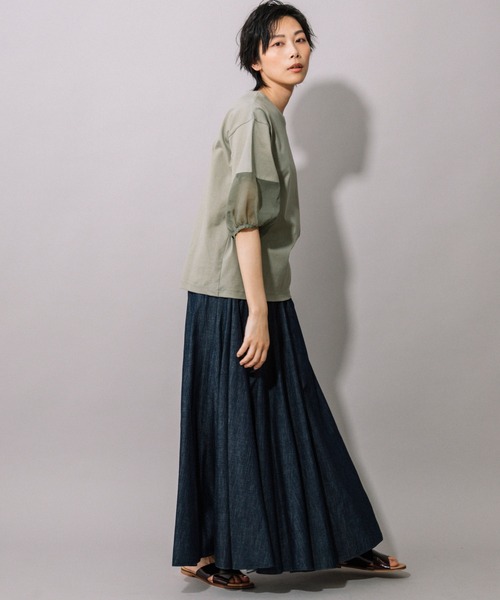 Munich（ミューニック）の「ジャージー×オーガンジーパフスリーブプルオーバー（Tシャツ/カットソー・レディース・グレイッシュベージュ/グリーン/ホワイト/ブラック・FREE）」の6枚目の写真