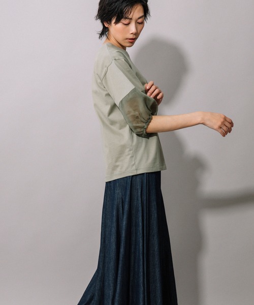 Munich（ミューニック）の「ジャージー×オーガンジーパフスリーブプルオーバー（Tシャツ/カットソー・レディース・グレイッシュベージュ/グリーン/ホワイト/ブラック・FREE）」の7枚目の写真