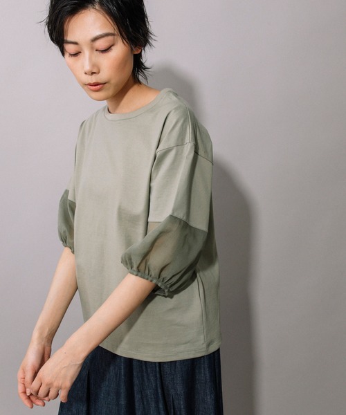 Munich（ミューニック）の「ジャージー×オーガンジーパフスリーブプルオーバー（Tシャツ/カットソー・レディース・グレイッシュベージュ/グリーン/ホワイト/ブラック・FREE）」の8枚目の写真