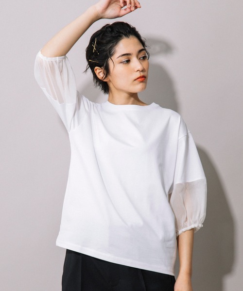 Munich（ミューニック）の「ジャージー×オーガンジーパフスリーブプルオーバー（Tシャツ/カットソー・レディース・グレイッシュベージュ/グリーン/ホワイト/ブラック・FREE）」の22枚目の写真