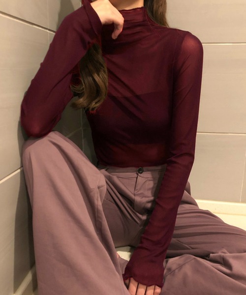 JUNOAH(ジュノア)の「ハイネックシアーカットソー(Tシャツ/カットソー・レディース・ブラウン/ワイン/ブラック/グリーン/ホワイト/ラベンダー/ピンク/ブルーグリーン/ベージュ/ネイビー/テラコッタ/クリーム/グレー・MEDIUM/LARGE/X-LARGE)」の13枚目の写真