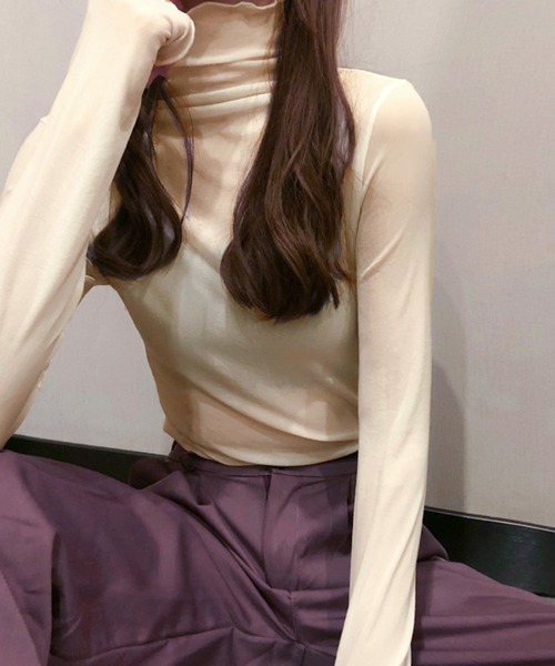 JUNOAH(ジュノア)の「ハイネックシアーカットソー(Tシャツ/カットソー・レディース・ブラウン/ワイン/ブラック/グリーン/ホワイト/ラベンダー/ピンク/ブルーグリーン/ベージュ/ネイビー/テラコッタ/クリーム/グレー・MEDIUM/LARGE/X-LARGE)」の7枚目の写真