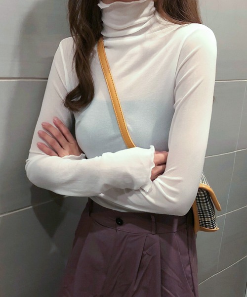 JUNOAH(ジュノア)の「ハイネックシアーカットソー(Tシャツ/カットソー・レディース・ブラウン/ワイン/ブラック/グリーン/ホワイト/ラベンダー/ピンク/ブルーグリーン/ベージュ/ネイビー/テラコッタ/クリーム/グレー・MEDIUM/LARGE/X-LARGE)」の14枚目の写真