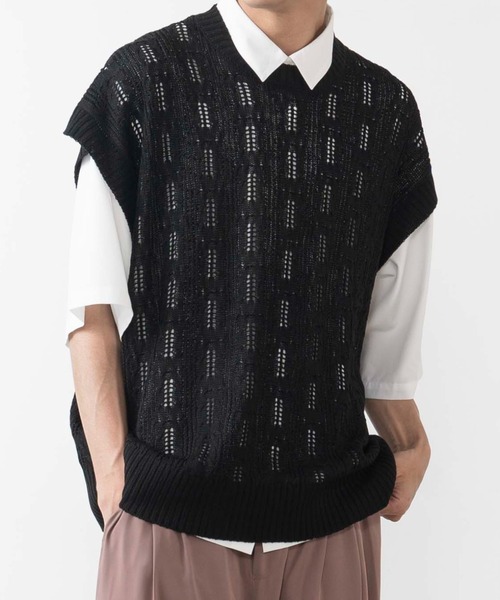 WEGO（ウィゴー）の「WEGO/透かし編みベスト（ベスト・メンズ・ブラック/ダークオレンジ・MEDIUM/LARGE）」の2枚目の写真