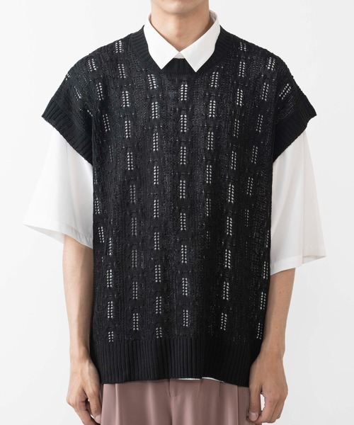 WEGO（ウィゴー）の「WEGO/透かし編みベスト（ベスト・メンズ・ブラック/ダークオレンジ・MEDIUM/LARGE）」の5枚目の写真