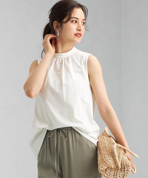 green label relaxing(グリーンレーベルリラクシング)の「FFC C/Li ストライプ スタンドネック ギャザー プルオーバー カットソー(Tシャツ/カットソー・レディース・ホワイト/ライトブルー/ネイビー・FREE)」の2枚目の写真