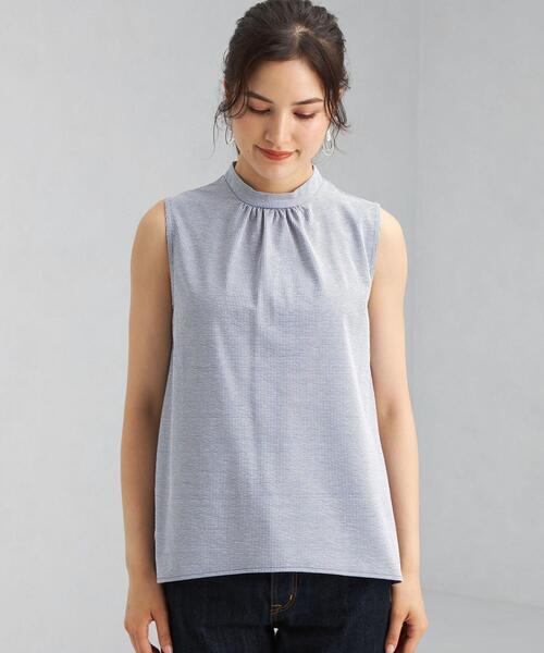 green label relaxing(グリーンレーベルリラクシング)の「FFC C/Li ストライプ スタンドネック ギャザー プルオーバー カットソー(Tシャツ/カットソー・レディース・ホワイト/ライトブルー/ネイビー・FREE)」の4枚目の写真