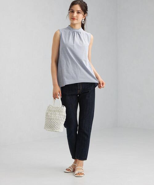 green label relaxing(グリーンレーベルリラクシング)の「FFC C/Li ストライプ スタンドネック ギャザー プルオーバー カットソー(Tシャツ/カットソー・レディース・ホワイト/ライトブルー/ネイビー・FREE)」の8枚目の写真