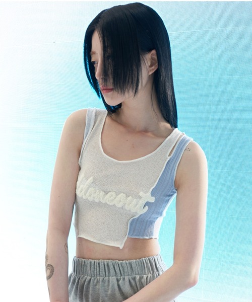 oddoneout(オッドワンアウト)の「『ODD ONE OUT/オッドワンアウト』Patch work damage top/パッチワーク ダメージ クロップド丈 キャミソール(キャミソール・レディース・グリーン/ライトブルー/パープル・FREE)」の3枚目の写真