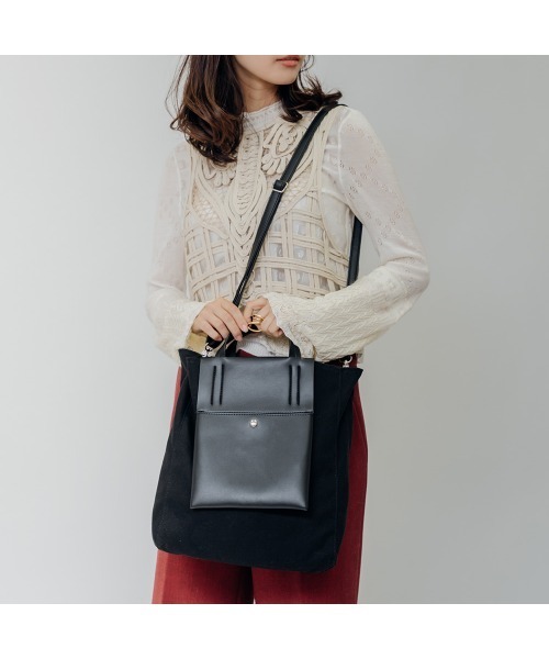DEVICE+(デバイスプラス)の「DEVICE+ ヴィーガンレザーパネル 2WAY キャンバス トート ショルダーバッグ(ショルダーバッグ・メンズ・ブラック・FREE)」の15枚目の写真
