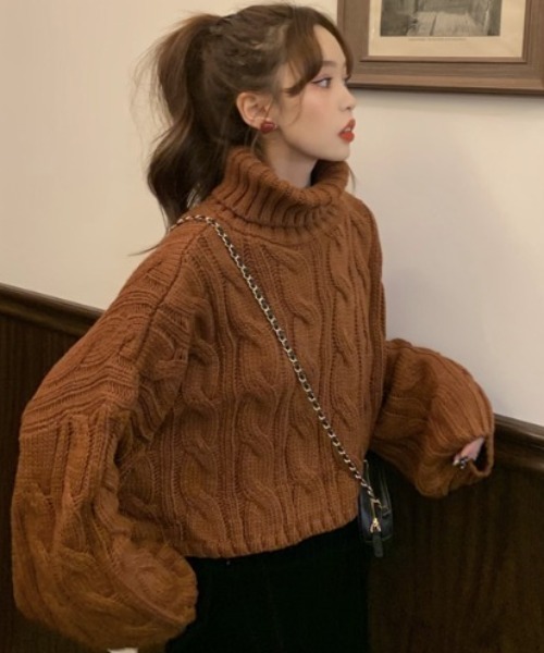 .KOM（ドットコム）の「『.kom/ドットケーオーエム』ショート丈 ケーブルタートルネックニット/セーター（ニット/セーター・レディース・アイボリー/グレー/ブラウン/レッド・FREE）」の3枚目の写真