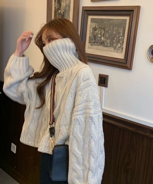 .KOM（ドットコム）の「『.kom/ドットケーオーエム』ショート丈 ケーブルタートルネックニット/セーター（ニット/セーター・レディース・アイボリー/グレー/ブラウン/レッド・FREE）」の14枚目の写真