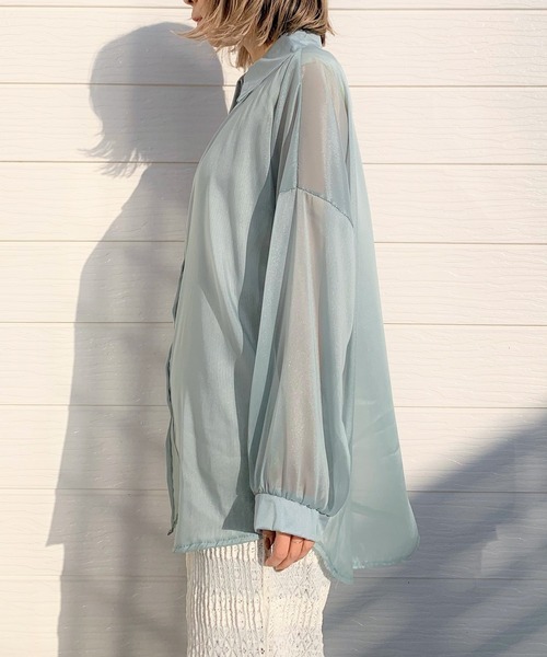 Q（キュー）の「シアーシャツ（シャツ/ブラウス・レディース・ライトブルー/オリーブ・MEDIUM）」の6枚目の写真