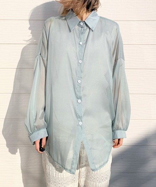 Q（キュー）の「シアーシャツ（シャツ/ブラウス・レディース・ライトブルー/オリーブ・MEDIUM）」の3枚目の写真