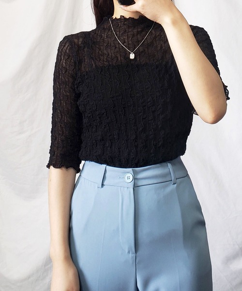 me+em select（ミームセレクト）の「プチハイネックシースルーニュアンスウェーブブラウス（Tシャツ/カットソー・レディース・ホワイト/アイボリー/ブラック・FREE）」の13枚目の写真