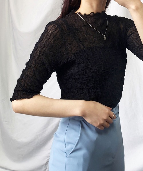 me+em select（ミームセレクト）の「プチハイネックシースルーニュアンスウェーブブラウス（Tシャツ/カットソー・レディース・ホワイト/アイボリー/ブラック・FREE）」の20枚目の写真