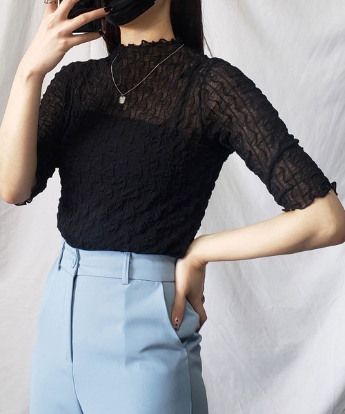 me+em select（ミームセレクト）の「プチハイネックシースルーニュアンスウェーブブラウス（Tシャツ/カットソー・レディース・ホワイト/アイボリー/ブラック・FREE）」の17枚目の写真