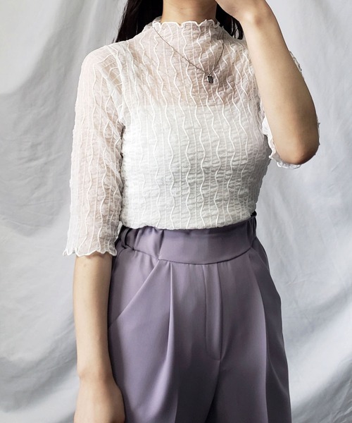 me+em select（ミームセレクト）の「プチハイネックシースルーニュアンスウェーブブラウス（Tシャツ/カットソー・レディース・ホワイト/アイボリー/ブラック・FREE）」の16枚目の写真