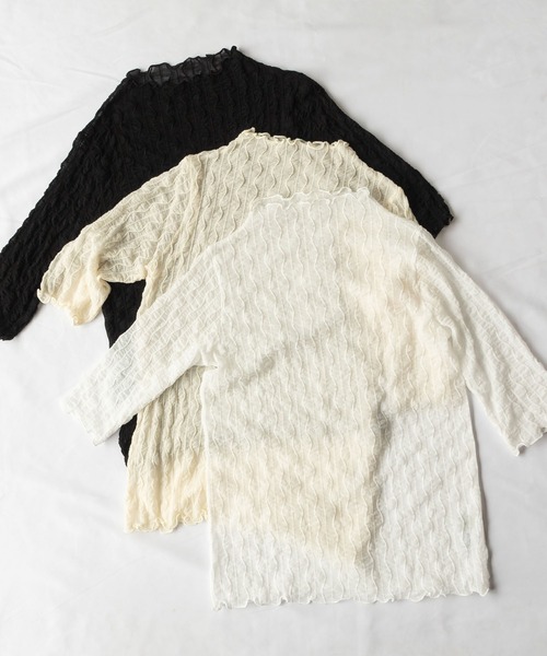 me+em select（ミームセレクト）の「プチハイネックシースルーニュアンスウェーブブラウス（Tシャツ/カットソー・レディース・ホワイト/アイボリー/ブラック・FREE）」の11枚目の写真